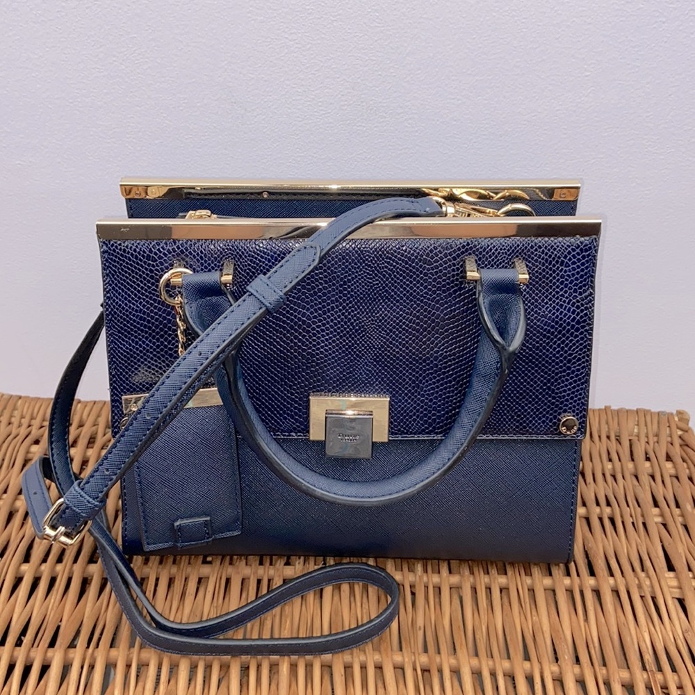 Dune London Textured Navy Blue With Gold Hardware Handbag Crossbody Purse - Picture 13 of 13
